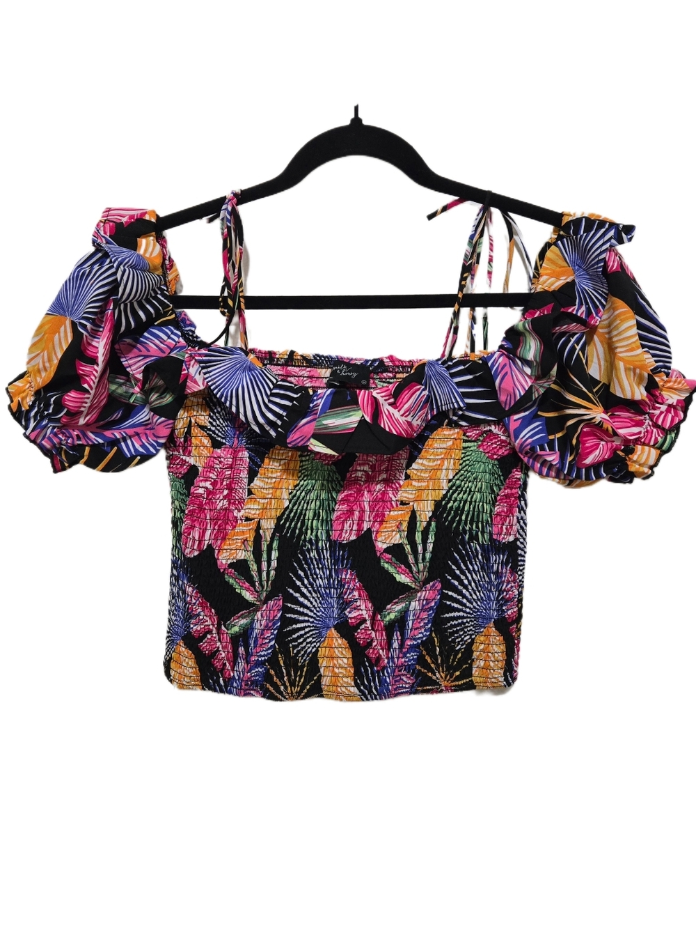 MILK & HONEY Tropical Print Crop Top Smocked Off Shoulder Puff Sleeves Medium